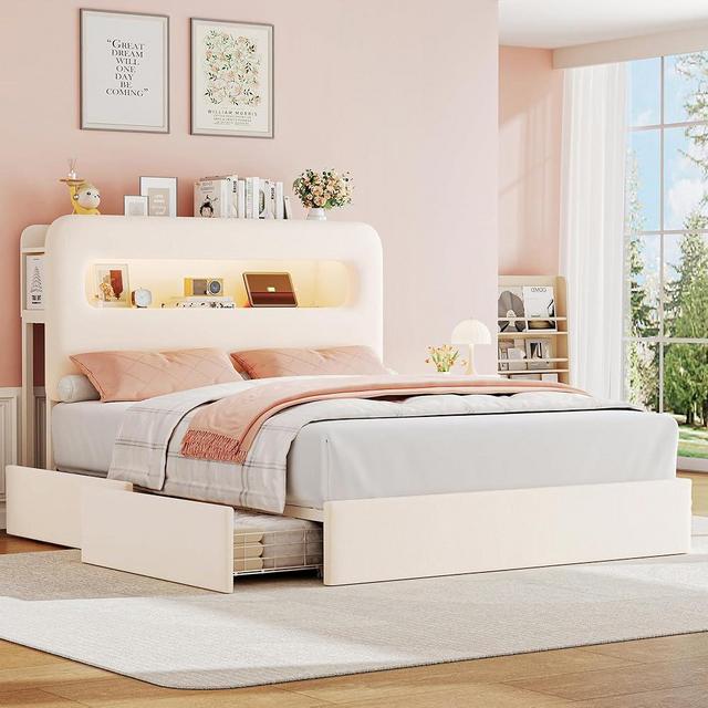 HOSTACK Queen LED Bed Frame with Storage Headboard and Charging Station, Kids Bed Frame with 4 Drawers and USB Ports, Velvet Upholstered Platform Bed Frame with Bookcase, No Box Spring Needed, Cream