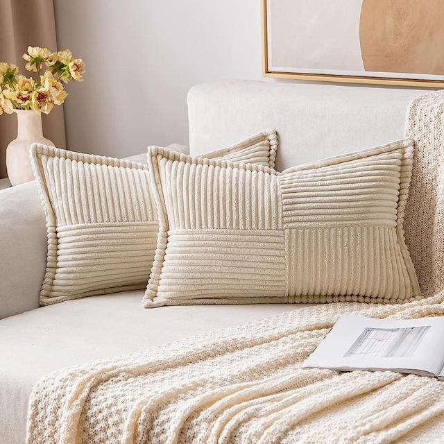MIULEE Corduroy Pillow Covers with Splicing Set of 2 Super Soft Boho Striped Pillow Covers Broadside Decorative Textured Throw Pillows for Couch Cushion Livingroom 12 x 20 inch, Beige