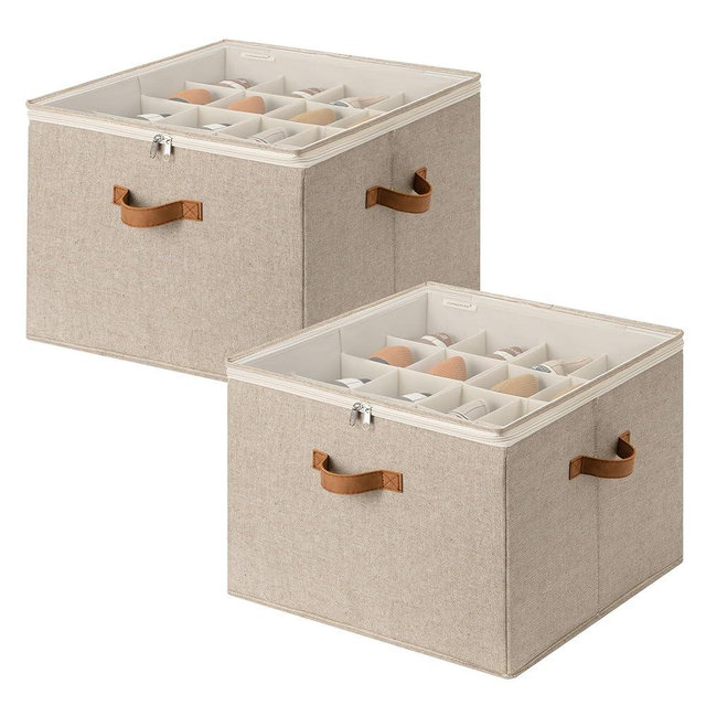 StorageWorks 2 Pack Shoe Organizer for Closet, Foldable Shoe Storage Box with Adjustable Dividers, Shoe Boxes Organizer for Entryway, Closet Shoes Organizer for Sandals, Sneakers, Fits 32 Pairs, Taupe