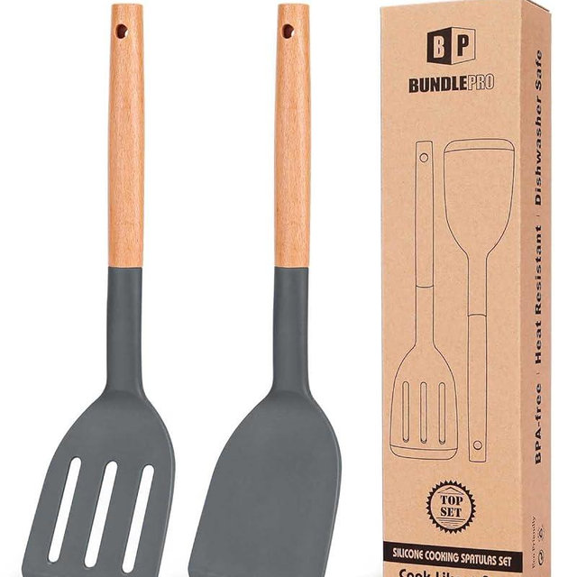 Pack of 2 Silicone Cooking Spatula, Heat Resistant Solid Turner, Non Stick Slotted Spatulas with Wooden Short Handle,Ideal Wood Kitchen Utensils Set for Frying, Baking, Flipping, Turning