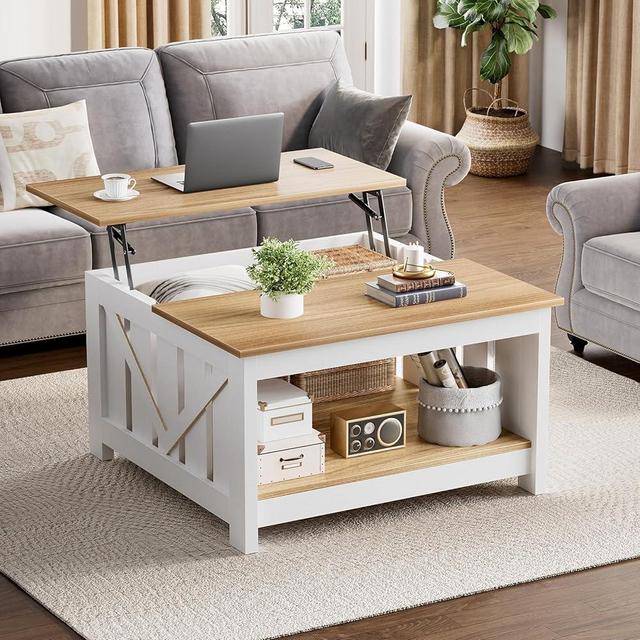 FABATO Lift Top Coffee Table, 31.5" Farmhouse Coffee Tables with Storage, Small Square Cocktail Tables, Wood Central Table for Living Room, Meeting Room, White