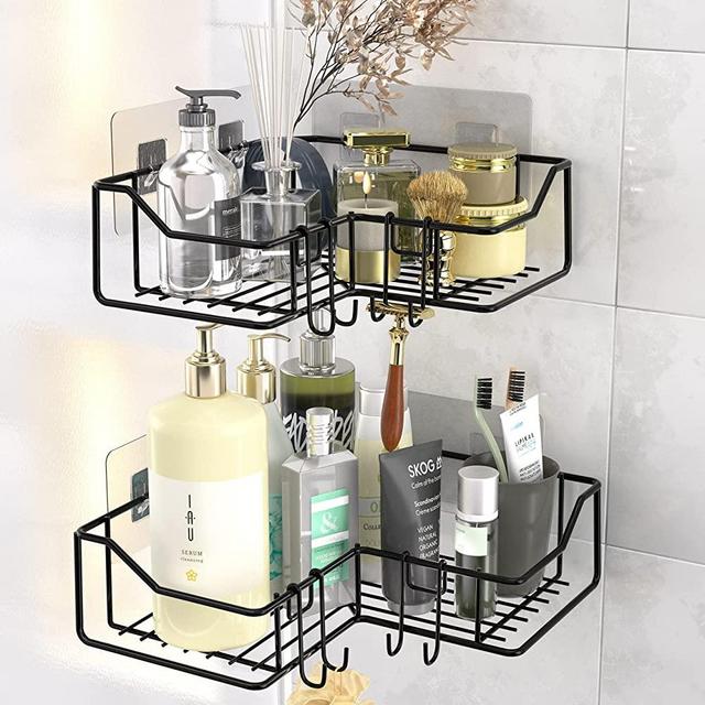 TETOTE Shower Organizer Corner Caddy,Black,2-Pack,Stick on shower shelves,No Drill,Adhesive,Floating Shower Shelf with Hooks,Stainless Steel,Shower Organizer for Bathroom