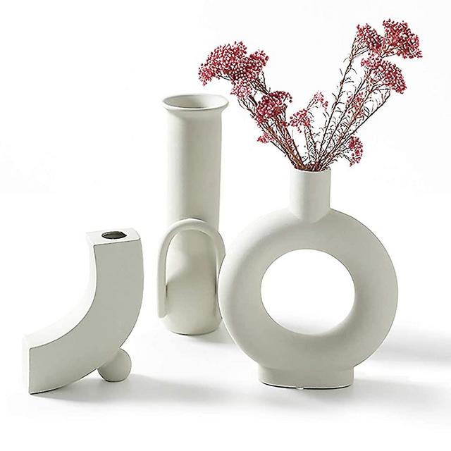 INGLENIX White Ceramic Vases Nordic Minimalism Style Decoration for Centerpieces, Kitchen, Office or Living Room, White Modern Geometric Decorative Vases for Home Décor (INS-A)