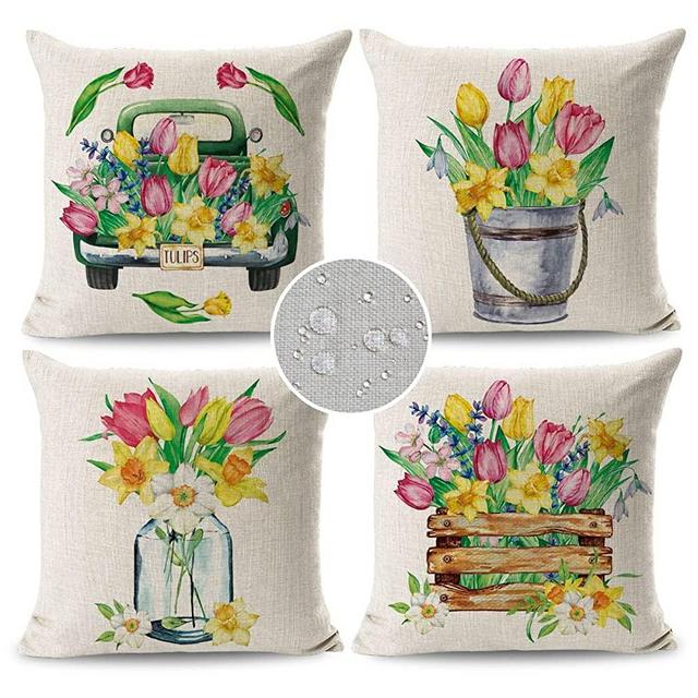 JOJOGOGO Outdoor Spring Pillow Covers 18x18 Set of 4 Waterproof Easter Flower Pillow Covers 18x18 Spring Outdoor Decorations for Patio Furniture