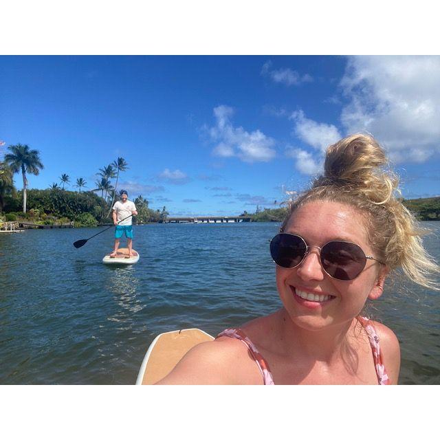 Paddleboarding to a waterfall hike in Kauai.