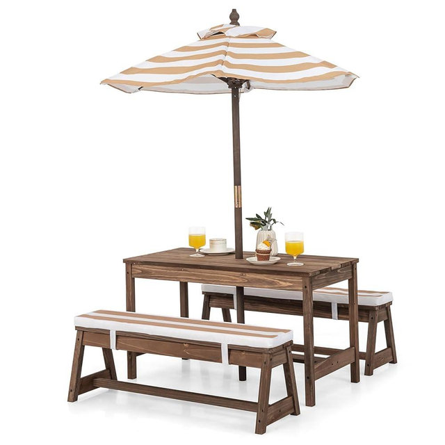 HONEY JOY Kids Picnic Table, Outdoor Wooden Table & Bench Set w/Removable Cushions and Umbrella, Stripe Fabric, Children Backyard Furniture for Patio Garden, Gift for Toddler Boys Girls Age 3+(Coffee)