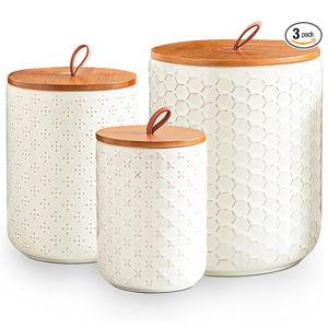 JOJUNO White Ceramic Canister Set with Wooden Lids – 3-Piece Airtight Food Storage Jars for Kitchen, Embossed Design, Small/Medium/Large Sizes (30/48/82 oz) – Flour, Sugar, Coffee, Tea Containers