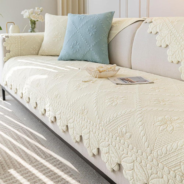 XSlive Cotton Quilted Dog Couch Cover for Sofa Farmhouse Rustic Embroidery Sectional Couch Cover Soft Anti-Slip Sofa Slipcover Furniture Protector for Kids, Pets (Ivory,36"x94")