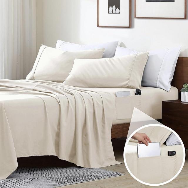 Swift Home Smart Sheets, Ultra Soft Brushed Microfiber 3-Piece Sheet Set, Fitted Bed Sheet with Side Storage Pockets – Coconut Milk, Twin XL