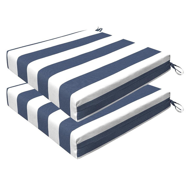 Honeycomb Outdoor Set of 2 Seat Pads, 20 x 20, Cabana Stripe Blue & White Dining Chair Cushions for Patio Furniture