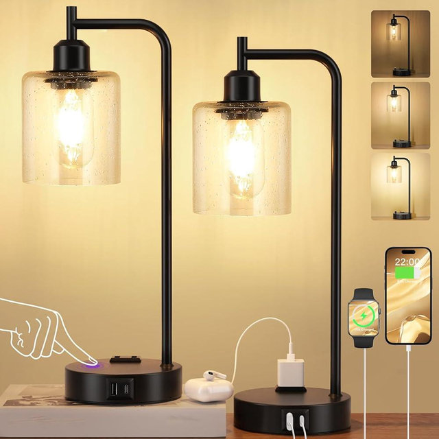 Industrial Touch Table Lamps for Bedrooms Set of 2 - 3-Way Dimmable Lamps with USB C+A Ports and Outlet, Black Bedside Lamps with Seeded Clear Glass Shade for Living Room, Desk Lamps for Home Office