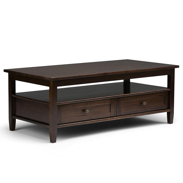 SIMPLIHOME Warm Shaker Coffee Table - 48 inch Wide Solid Wood Cocktail Table in Tobacco Brown, Transitional Living Room Table with 2 Storage Drawers and Open Shelf for Sitting Area or Lounge