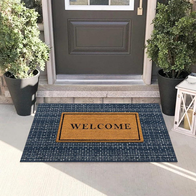 Seavish Layered Front Door Mat, Low Pile Small Kitchen Rug, 2'x3' Dark Blue Washable Cotton Braided Rug, Welcome Front Porch Mat Throw Rugs, Entryway Rug Boho Porch Decor
