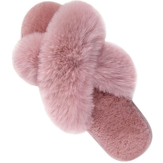 Women's Cross Band Slippers Soft Plush Furry Cozy Open Toe House Shoes Indoor Outdoor Faux Rabbit Fur Warm Comfy Slip On Breathable
