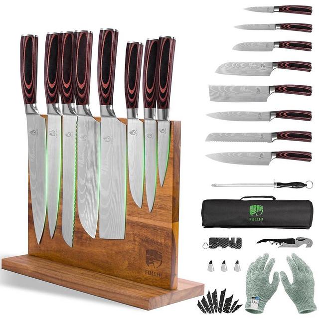 FULLHI 15pcs Japanese Knife Set with Magnetic Knife Block Holder, Premium German Stainless Steel Kitchen Knife Set