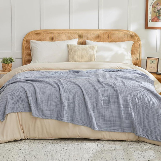 EMME Cotton Muslin King Blanket Bed Layering Breathable Gauze Blanket Soft Lightweight Blankets Adults (Dusty Blue, 108"x90")