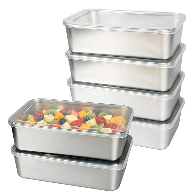 Sanbege 6 Pcs (54oz) Stainless Steel Food Containers with Clear Lids, 9" x 5.9" Stackable Snack Storage Boxes, Deli Meat Keeper for Refrigerator or Picnic, BBQ Party, Office, Gym Lunch