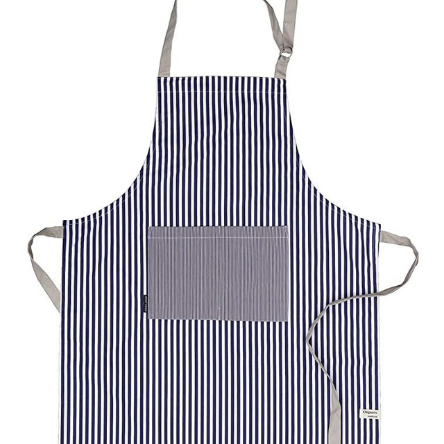 AMOUR INFINI Stripe Apron | 27.5 x 33 Inches| 100% Organic Cotton | Womens Apron for Cooking, Baking, Gardening | Convenient Pockets and Adjustable Strap at Neck & Waist Ties | Blue