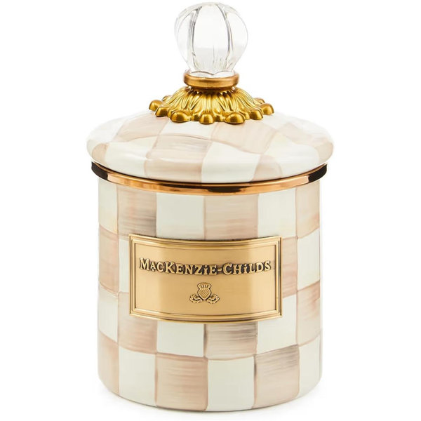 MACKENZIE-CHILDS Demi Enamel Canister, Kitchen Storage Container with Lid, Brown-and-White Mocha Check