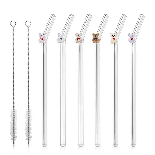 6PCS Reusable Glass Straws, Shatter Resistant Bend Glass Straws Little Bear Design, Size 0.31 "x7.9" with Two Clean Brushes, Suitable for smoothie, milkshake, juice, tea, cocktail.
