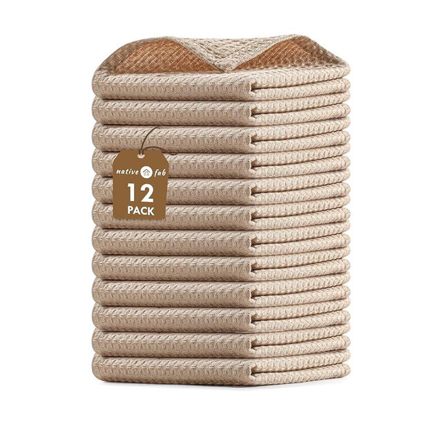 Native Fab Waffle 12 Pack Dish Cloths - 100% Cotton, Absorbent, Quick Drying, Washable Towels for Cleaning, Cooking & Baking - Great for Daily Use, Home, Restaurants, Cafes - 12" x 12" - Beige