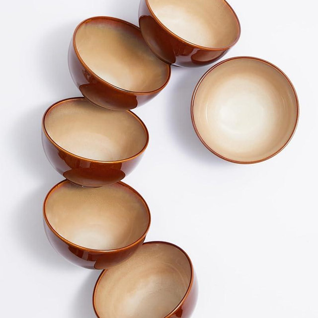Pokini Reactive Glaze Bowls Set of 6, Microwave and Dishwasher Safe Bowls, Stoneware Soup Bowls, Kitchen Bowl Set for Cereal Soup Rice Pasta Salad Oatmeal, Brown and Yellow