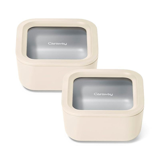 Caraway Glass Food Storage - 4.4 Cup Glass Container Duo - Ceramic Coated Food Container - Non Toxic, Non Stick Lunch Box Container with Glass Lids. Dishwasher, Oven, & Microwave Safe - Cream