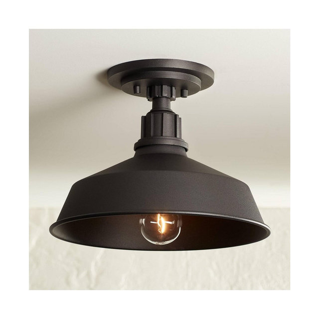 Arnett Rustic Industrial Semi Flush-Mount Urban Barn Outdoor Ceiling Light Semi Flush Mount Fixture Black Aluminum 12" for Exterior House Porch Patio Outside Deck Garage Garden - Franklin Iron Works