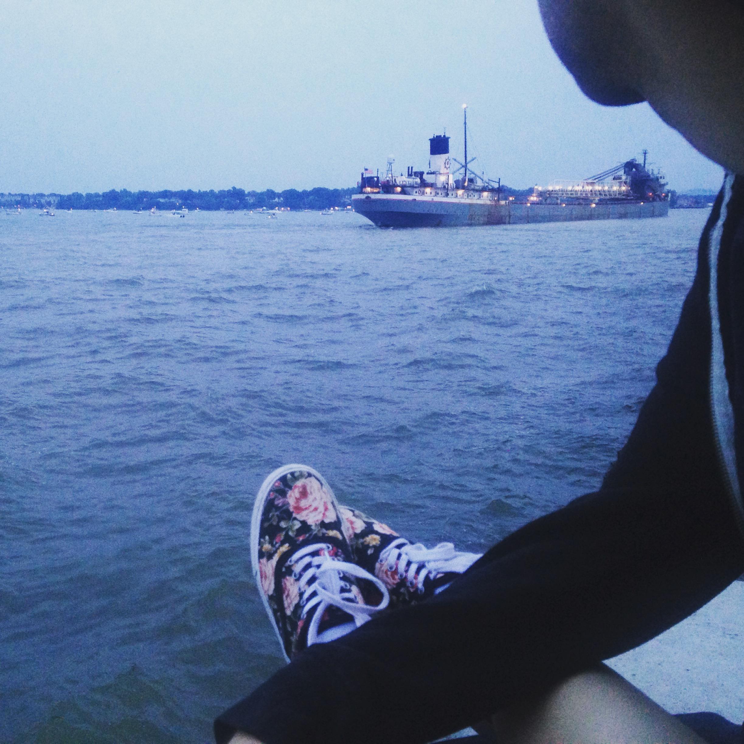 Climbing out to the lighthouse to see the fireworks on Fairport beach with Chipotle