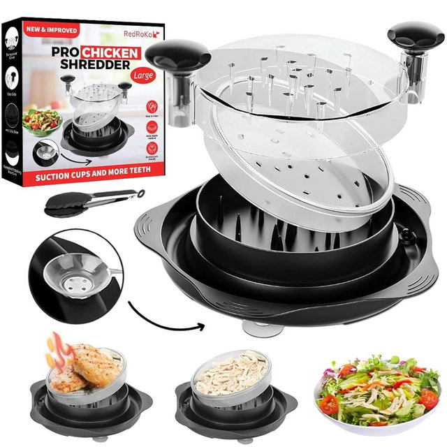 RedRoko Pro Chicken Shredder with Suction Cups - Large Chicken Shredder Tool Twist with Ergonomic Handle, Transparent Lid & Anti-Slip Design - Meat Shredder Tool, Kitchen Gadgets & Home Essentials