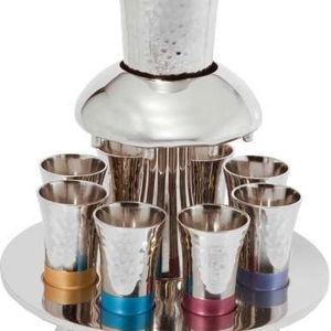 Yair Emanuel Hammered Metal Kiddush Fountain Large Cup with 8 Small Cups Multicolor