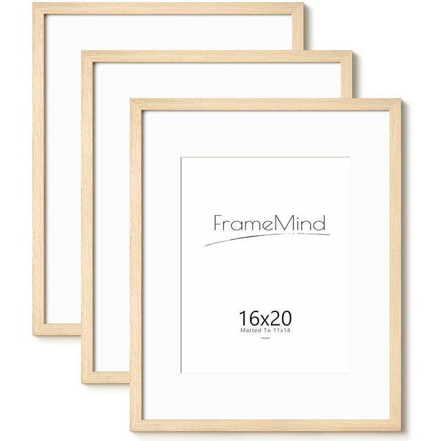 FrameMind Oak 16x20 Frames with Tempered Glass, Natural Solid Wood 16x20 Frame with mat for 11x14 - Wall Decor for Home, Office & Gallery(3 Pack, Oak)