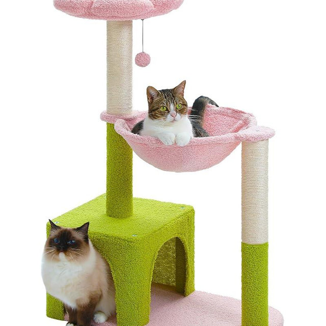MUTTROS Flower Cat Tree with Large Metal Frame Hammock, 36.6" Cute Cat Tower with Sisal Scratching Posts for Small Indoor Cats, Cat Condo with Pink Top Perch for Kittens, Pink