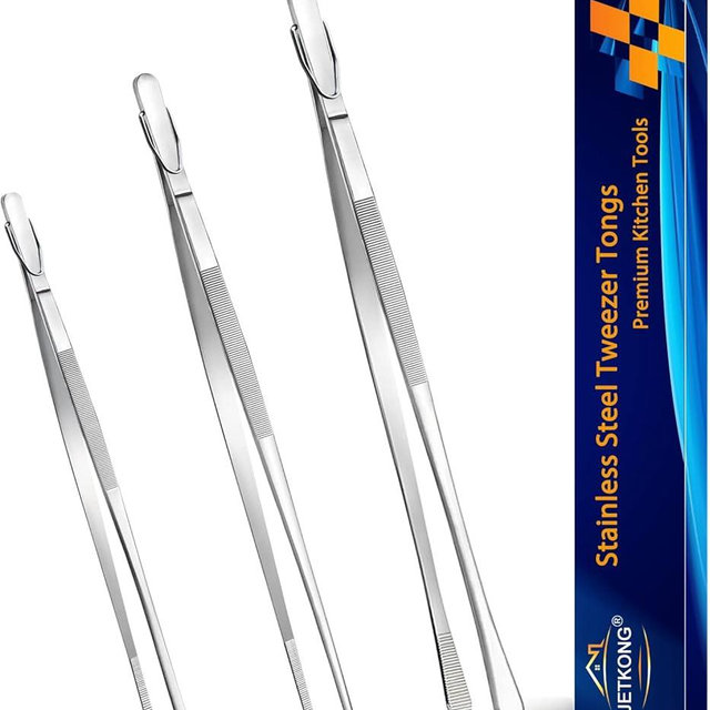 JETKONG 3 Pcs Kitchen Tweezers Tongs, Stainless Steel Cooking Tweezers, 8+10+12 Inch Ideal for meat, pasta, plating and pinching delicate small pieces of food (Silver)