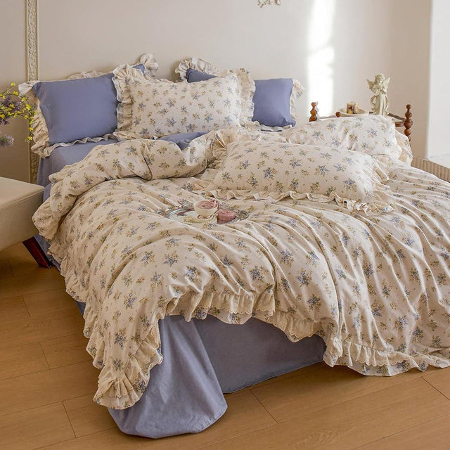 MOTNTD Blue Floral King Size Duvet Cover Set Cotton Lace Trim King Size Comforter Cover Ruffle Boho Pattern Zipper Duvet Cover with 2 Pillow Cases Princess Girls Bedding Set Farmhouse Duvet Protector
