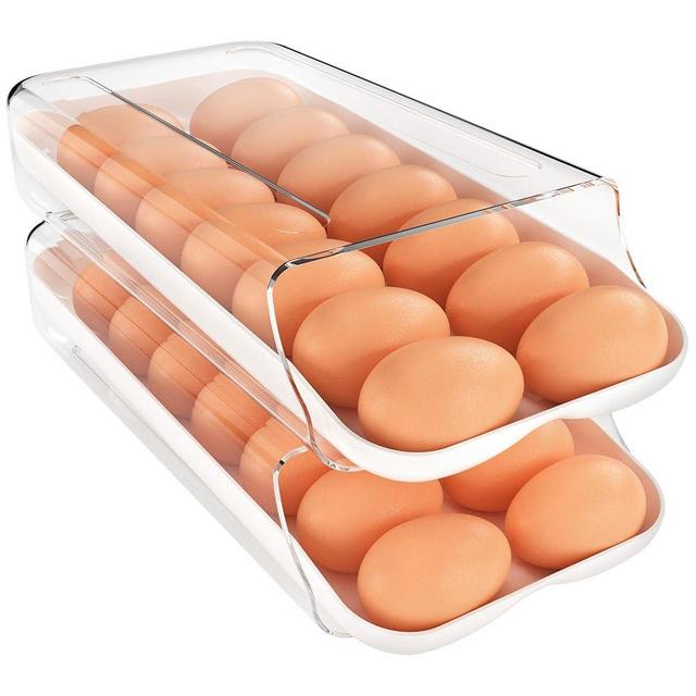 theaoo Egg Holder for Fridge, Automatic Rolling Egg Container for Refrigerator, Clear Plastic Egg Dispenser, Stackable Eggs Organizer with Quick Removable inner Tray For Organizers and Storage, 2 Pack