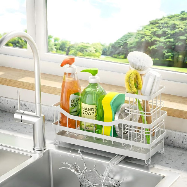 Sponge Holder for Kitchen Sink, Rustproof Sink Caddy Organizer with Dish Brush Holder, Self-Draining Kitchen Sink Organizer Countertop for Soap Dispenser, Scrubber and Sink Storage Essentials, White