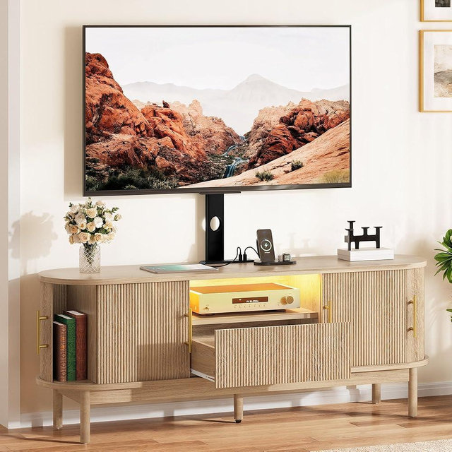 YITAHOME Fluted TV Stands for Living Room with Mount, Modern Entertainment Center for 32-70 inch TVs, LED Curved TV Stand with PowerOutlets & LED Light, Curved Profile Design, Natural Oak