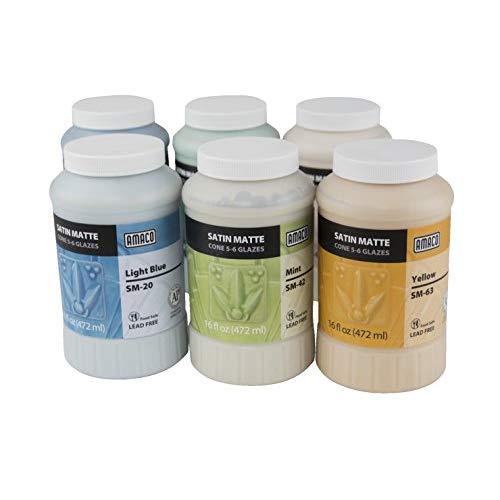 AMACO Satin Matte Glaze Classroom Pack 2, Assorted Colors, Set of 6 Pints