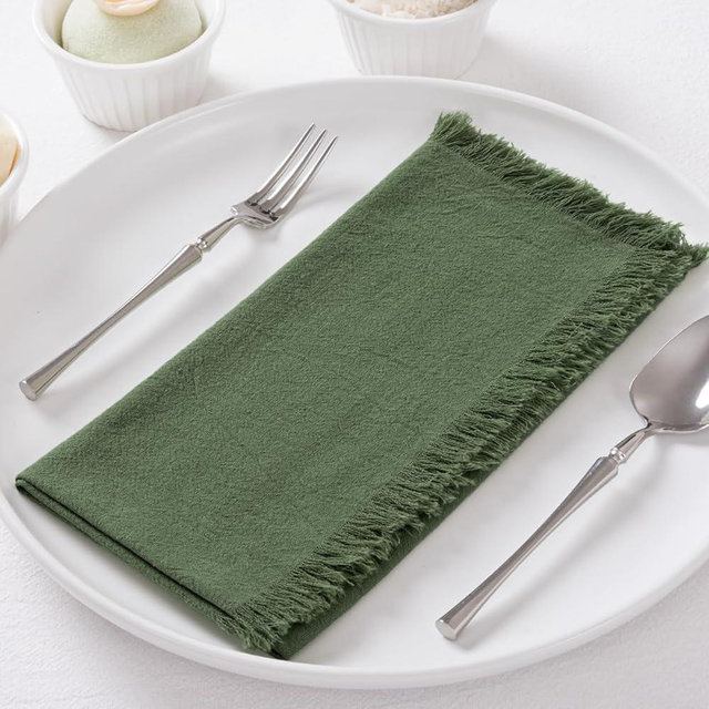 DeZerlor 12 Pack Olive Green Cotton Linen Napkins with Fringe Green Cloth Napkins Set of 12 Boho Handmade Dinner Table Napkins for Wedding Bridal Baby Shower Tea Party, 17 x 17 Inches