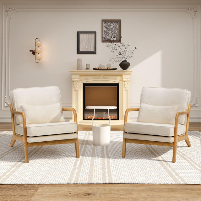 Ora Maison Set of 2 Beige Modern Accent Chairs with Lumbar Pillows – Upholstered Armchairs with Solid Wood Legs for Living Room, Bedroom, or Office