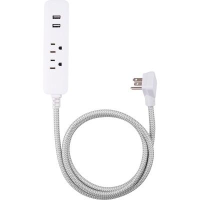 Cordinate 4ft 2 Outlet 2 USB 2.4A Extension Cord Braided Gray/White