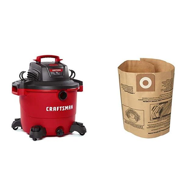 CRAFTSMAN CMXEVBE17595 16 Gallon 6.5 Peak HP Wet/Dry Vac, Heavy-Duty Shop Vacuum with Attachments & CMXZVBE38749 General Purpose Wet/Dry Shop Vacuum Dust Collection Bags, 3-Pack