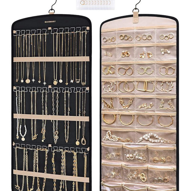 BAGSMART Hanging Jewelry Organizer, Necklace Holder Anti-tangle Earrings Rings Hanger with 20 Jewelry Bags Travel Storage Roll with Pockets Hang on Closet, Wall, Door,1 Piece, Large, Black