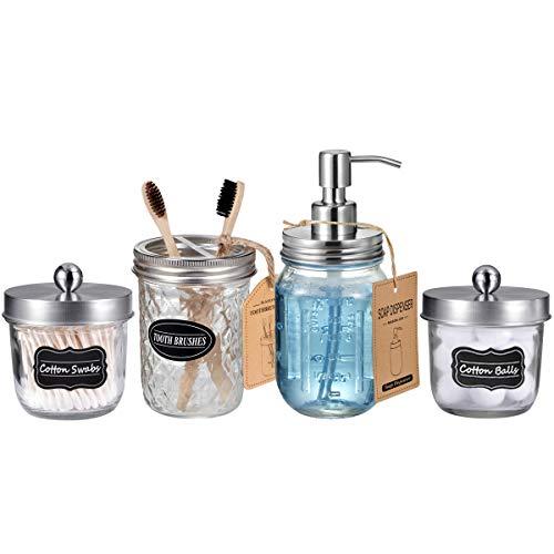 Mason Jar Bathroom Accessories Set(4 Pack) - Lotion Soap Dispenser&Qtip Holder Set&Toothbrush Holder-Rustic Farmhouse Decor Apothecary Jar Bathroom Countertop,Vanity Organize (Brushed Nickel)