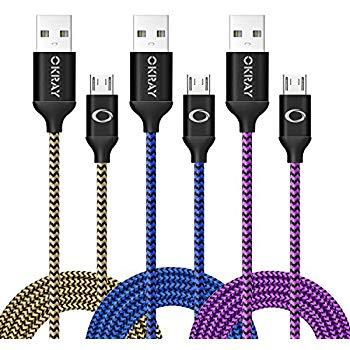 OKRAY 3 Pack 10ft/3m Micro 2.0 USB Charging Cable Nylon Braided Tangle-Free Charge Cord with Aluminum Connector Compatible for Android, Samsung, HTC, Sony, Nexus, LG, and More (Purple Gold Blue)