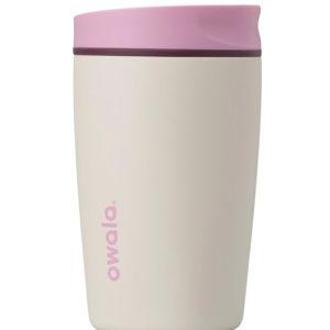 Owala SmoothSip Slider Insulated Stainless Steel Coffee Tumbler, Reusable Iced Coffee Cup, Hot Coffee Travel Mug, BPA Free 12 oz, Pink/Tan (Daybreak)
