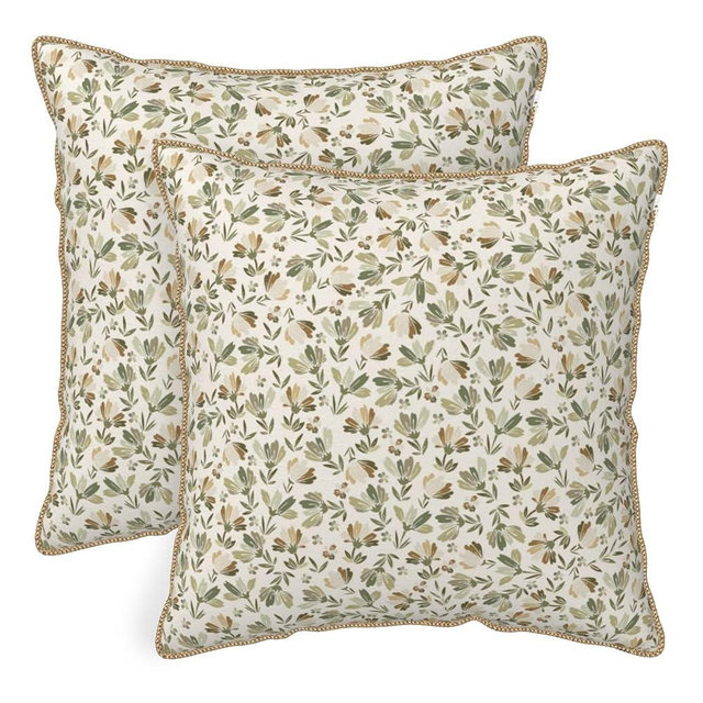 KSLIDS Sage Green Beige Floral Soft Velvet Throw Pillow Covers Set of 2 Vintage Brown Flower Decorative Pillow Covers 18x18 Inch Rustic Pillow Case for Sofa Couch Bedroom Farmhouse Home Decor