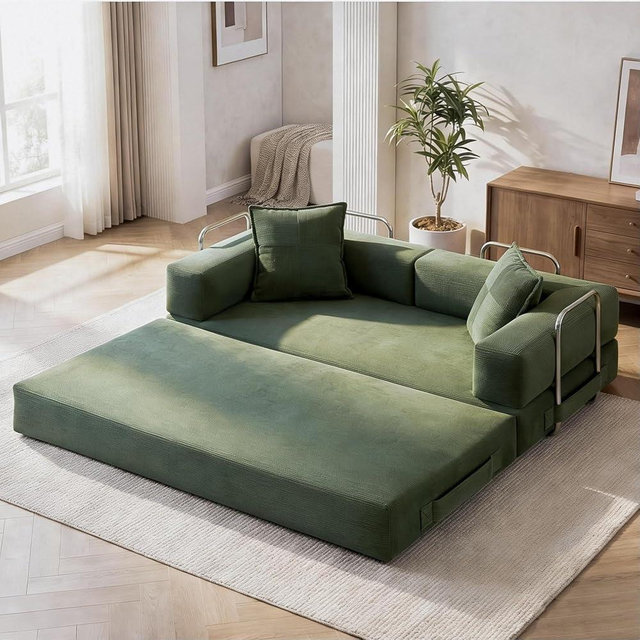 GRUSIGN 78 Inch Convertible Sofa Bed, 5-in-1 Futon Sofa Bed Pull Out Couch, Boneless Couch Bed for Living Room, Corduroy Boneless Couches for Bedroom, Apartment, No Assembly Sleeper Sofa Bed, Green | 4 Fixed-Shape Frame, Removable Corduroy, High-density foam, with 2 pillow, Tool-Free Assembly