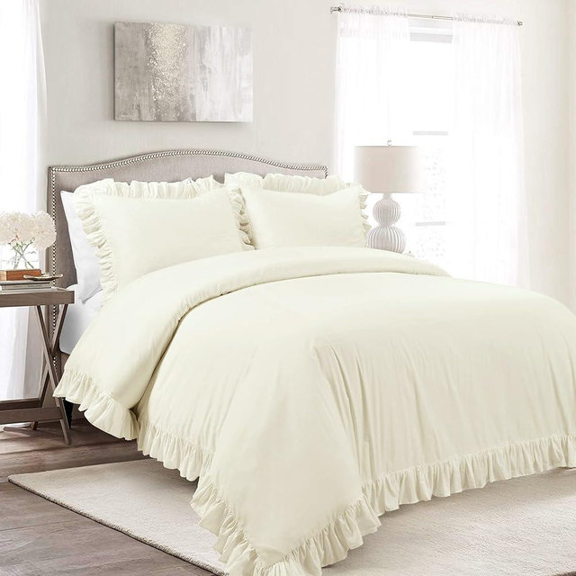 Lush Decor Reyna Ruffle Cotton Duvet Cover Set 3 Piece Set King, Ivory - King Size Bedding Set - Cream Duvet King - Ruffled Bedding - Coquette Decor